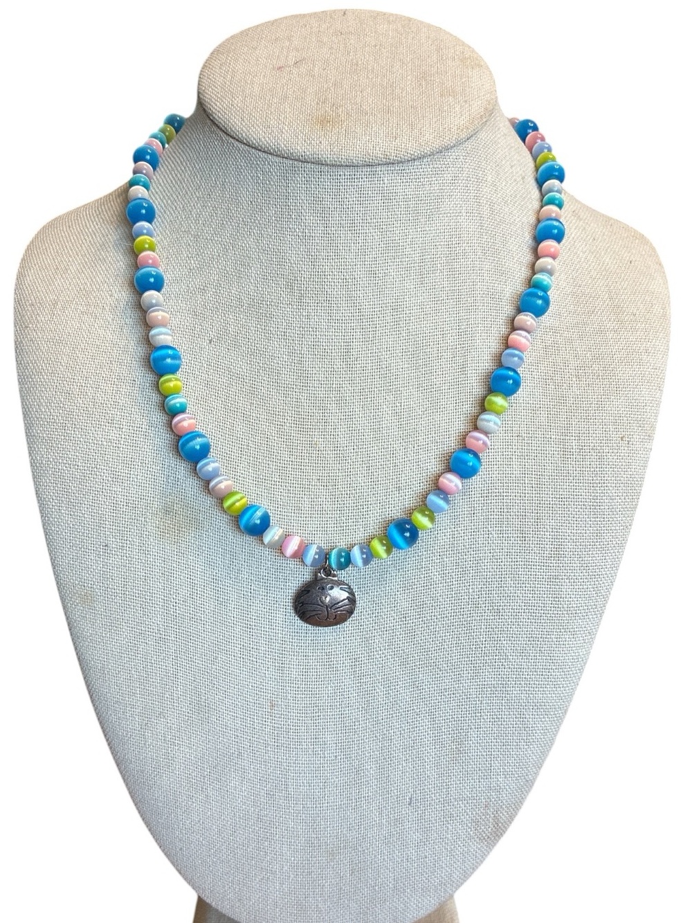 Colorful Beaded Necklace with Sterling Silver Cat Pendant